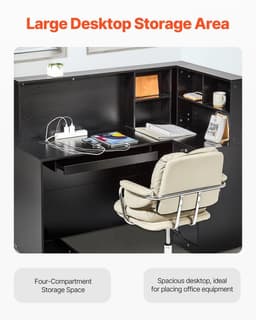 image-VEVOR Reception Desk, 55Inch L-Shaped Front Counter Table, Office Reception Counter with Drawer Keyboard Tray and Storage Cabinet, for Checkout, Lobby, Beauty Salon & Office, Black