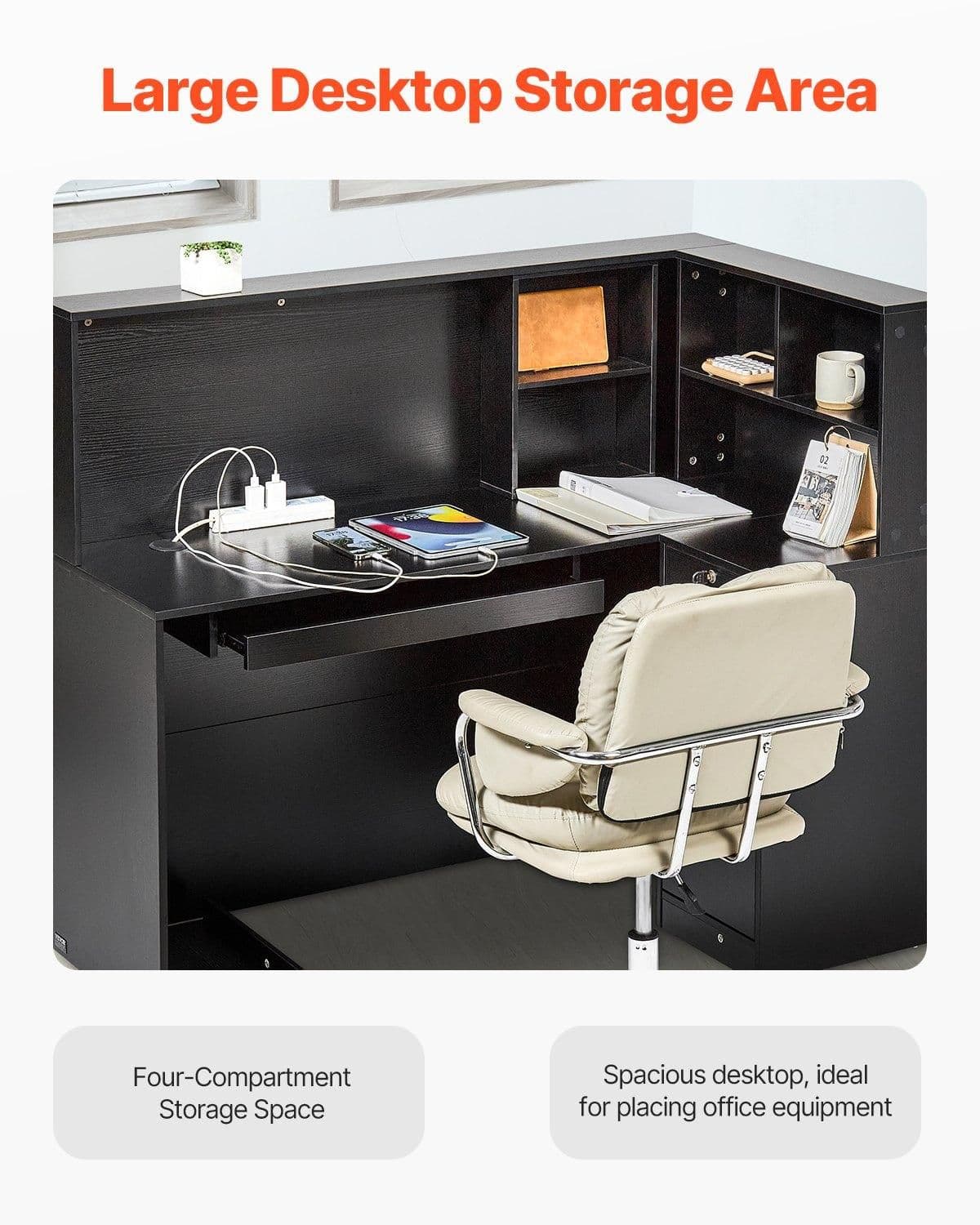 image-VEVOR Reception Desk, 55Inch L-Shaped Front Counter Table, Office Reception Counter with Drawer Keyboard Tray and Storage Cabinet, for Checkout, Lobby, Beauty Salon & Office, Black