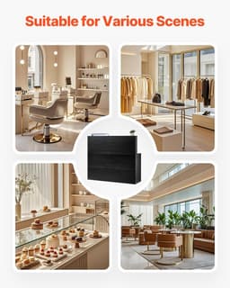image-VEVOR Reception Desk, 55Inch L-Shaped Front Counter Table, Office Reception Counter with Drawer Keyboard Tray and Storage Cabinet, for Checkout, Lobby, Beauty Salon & Office, Black