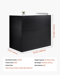 image-VEVOR Reception Desk, 55Inch L-Shaped Front Counter Table, Office Reception Counter with Drawer Keyboard Tray and Storage Cabinet, for Checkout, Lobby, Beauty Salon & Office, Black