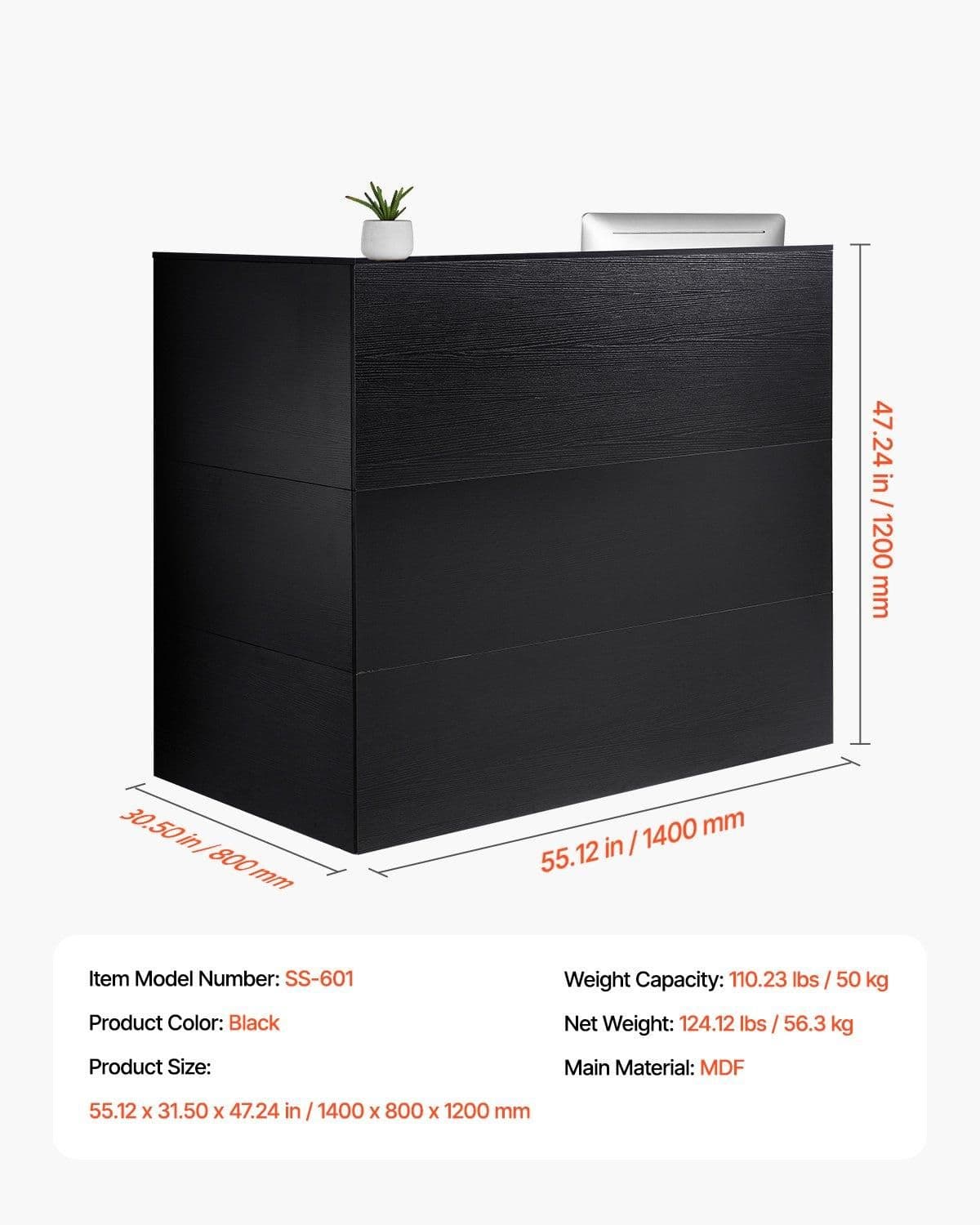 image-VEVOR Reception Desk, 55Inch L-Shaped Front Counter Table, Office Reception Counter with Drawer Keyboard Tray and Storage Cabinet, for Checkout, Lobby, Beauty Salon & Office, Black