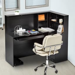 image-VEVOR Reception Desk, 55Inch L-Shaped Front Counter Table, Office Reception Counter with Drawer Keyboard Tray and Storage Cabinet, for Checkout, Lobby, Beauty Salon & Office, Black