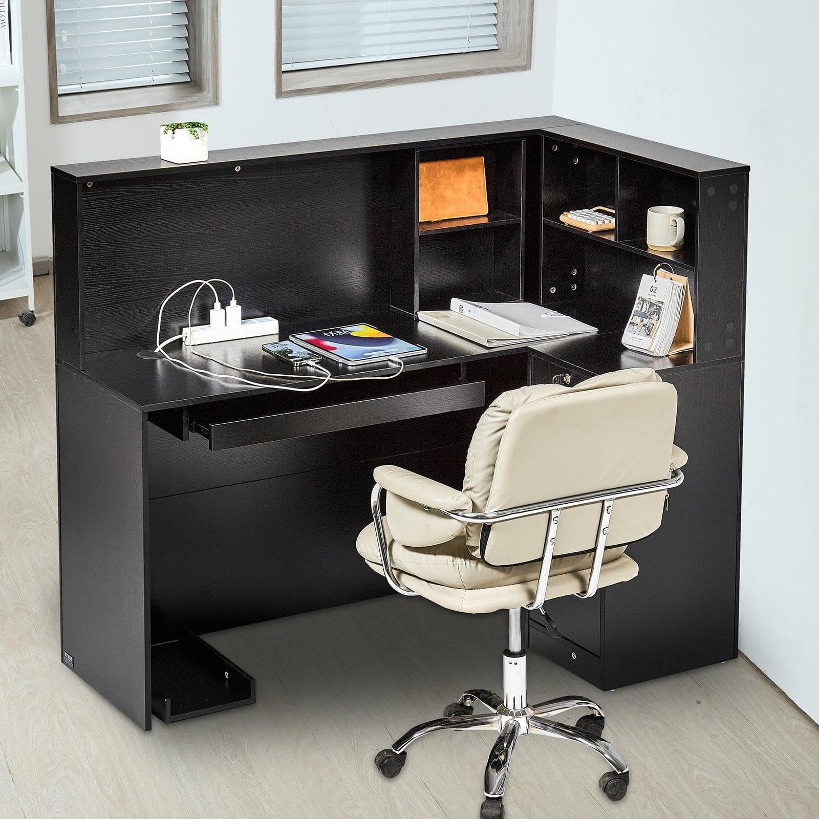 image-VEVOR Reception Desk, 55Inch L-Shaped Front Counter Table, Office Reception Counter with Drawer Keyboard Tray and Storage Cabinet, for Checkout, Lobby, Beauty Salon & Office, Black