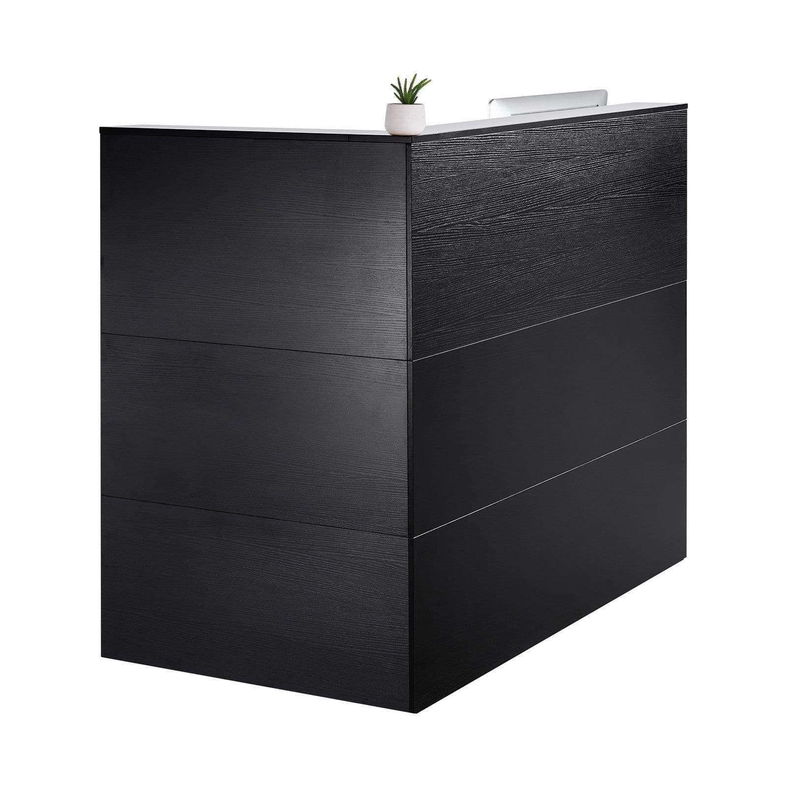 image-VEVOR Reception Desk, 55Inch L-Shaped Front Counter Table, Office Reception Counter with Drawer Keyboard Tray and Storage Cabinet, for Checkout, Lobby, Beauty Salon & Office, Black