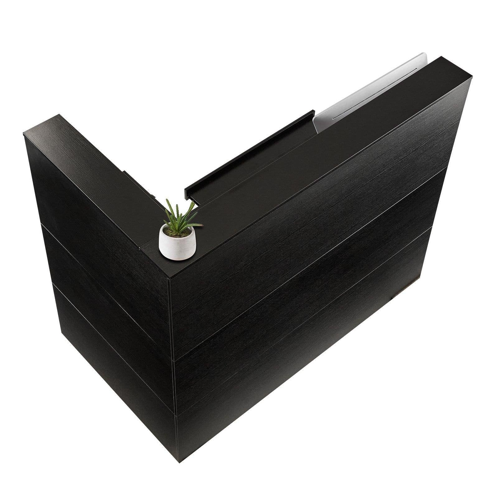 image-VEVOR Reception Desk, 55Inch L-Shaped Front Counter Table, Office Reception Counter with Drawer Keyboard Tray and Storage Cabinet, for Checkout, Lobby, Beauty Salon & Office, Black
