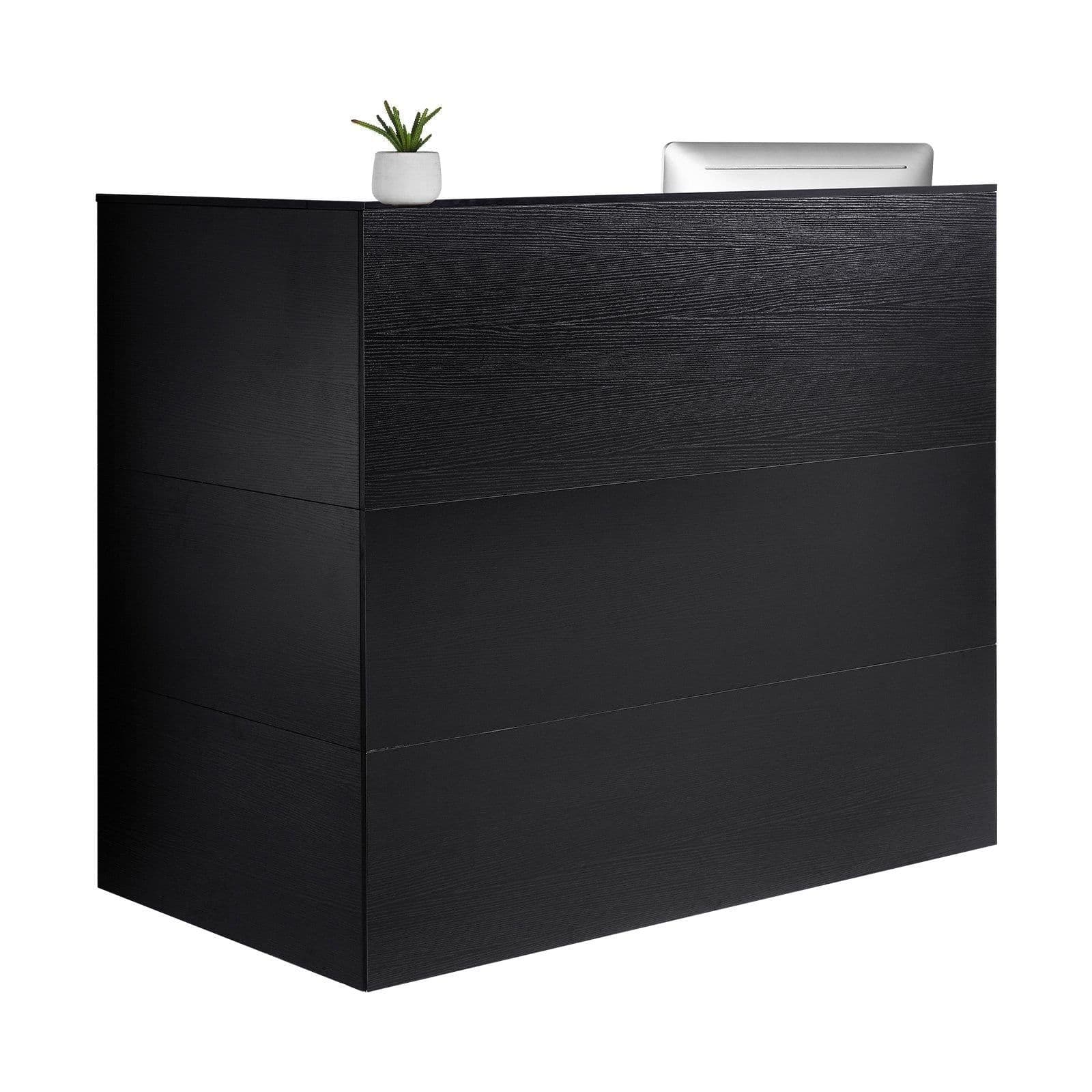 image-VEVOR Reception Desk, 55Inch L-Shaped Front Counter Table, Office Reception Counter with Drawer Keyboard Tray and Storage Cabinet, for Checkout, Lobby, Beauty Salon & Office, Black