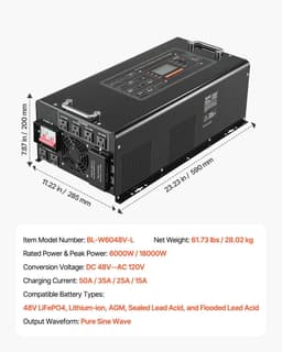 image-VEVOR Pure Sine Wave Inverter Charger, 6000 Watt, DC 48V to AC 120V Power Inverter with LCD Display, Remote Control, Solar Inverter for Off-Grid Solar RV Boat Home, Compatible with Various Batteries
