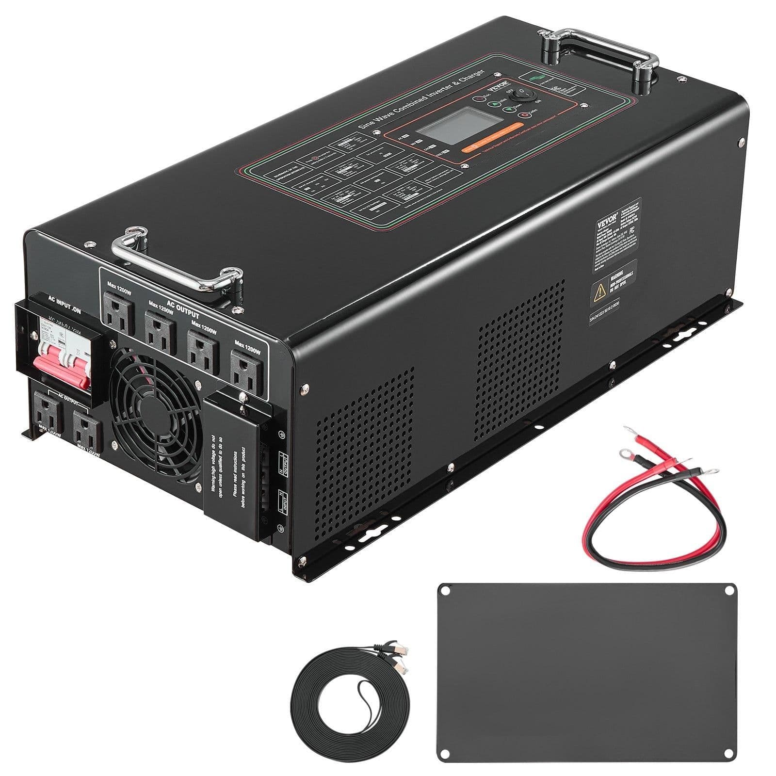 image-VEVOR Pure Sine Wave Inverter Charger, 6000 Watt, DC 48V to AC 120V Power Inverter with LCD Display, Remote Control, Solar Inverter for Off-Grid Solar RV Boat Home, Compatible with Various Batteries