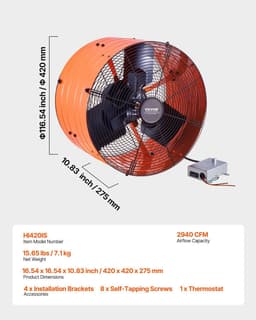 image-VEVOR Gable Mount Fan, 16 Inch Attic Exhaust Fan with Adjustable Thermostat & Outer Mesh, 2940 CFM House Ventilator Cools Up to 4200 Sq.Ft, Quiet Ventilation for Roof, Garage & Shop, Vibrant Orange