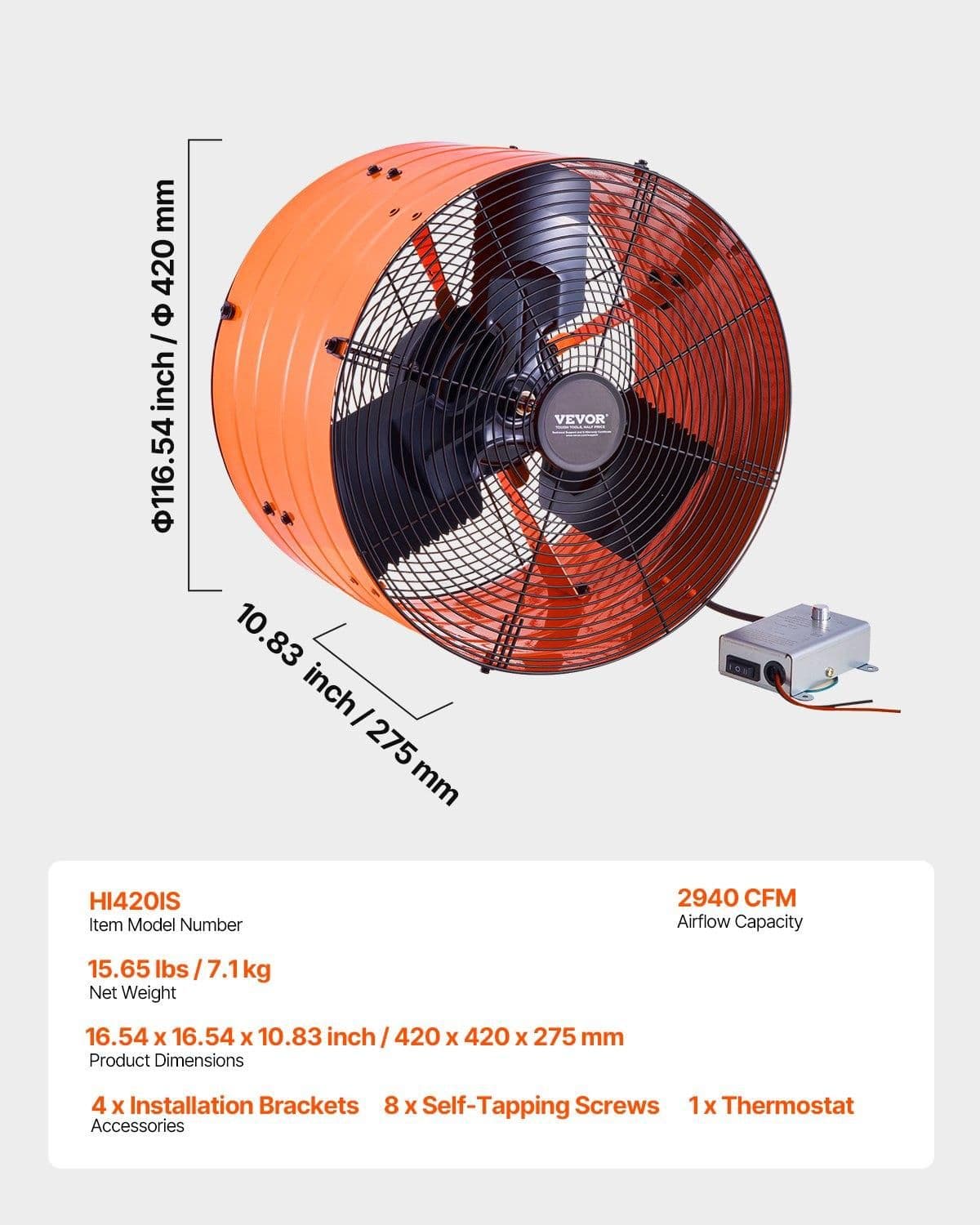 image-VEVOR Gable Mount Fan, 16 Inch Attic Exhaust Fan with Adjustable Thermostat & Outer Mesh, 2940 CFM House Ventilator Cools Up to 4200 Sq.Ft, Quiet Ventilation for Roof, Garage & Shop, Vibrant Orange