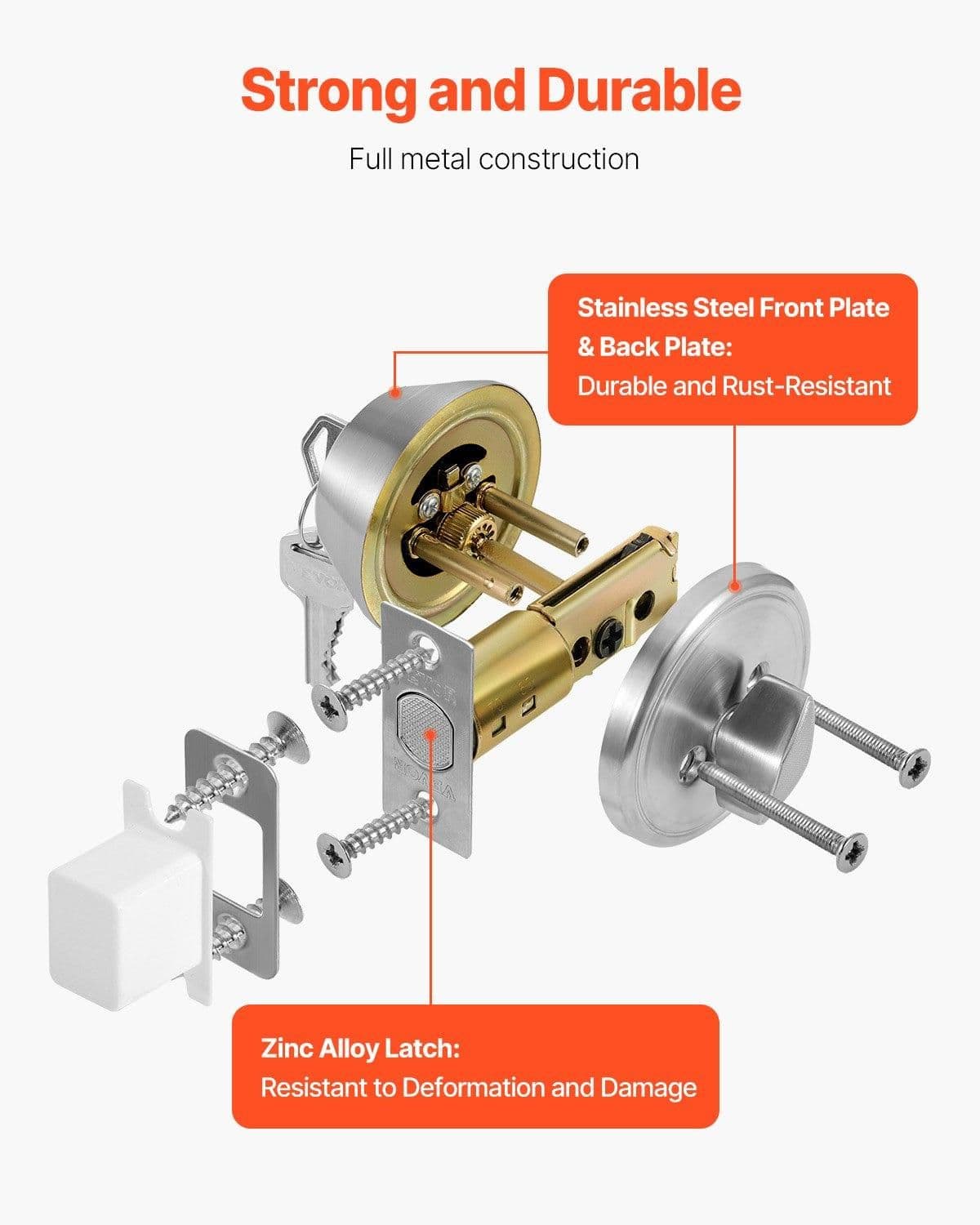 image-VEVOR Deadbolt Lock, Round Single Cylinder Dead Bolt, Keyed 1 Side, Fits Standard Size Interior and Exterior Doors, Full Metal, with 3 Keys, for Front Entry Door Residential Security, Satin Nickel