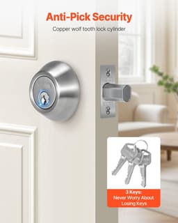 image-VEVOR Deadbolt Lock, Round Single Cylinder Dead Bolt, Keyed 1 Side, Fits Standard Size Interior and Exterior Doors, Full Metal, with 3 Keys, for Front Entry Door Residential Security, Satin Nickel