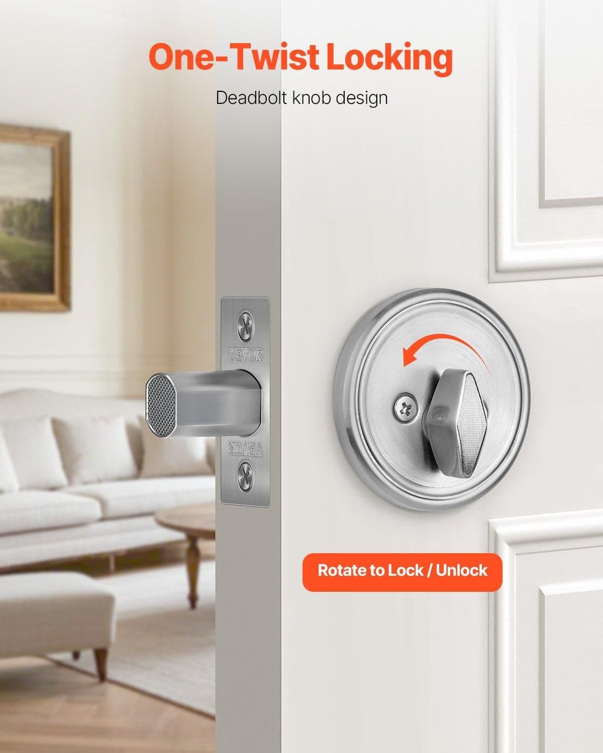image-VEVOR Deadbolt Lock, Round Single Cylinder Dead Bolt, Keyed 1 Side, Fits Standard Size Interior and Exterior Doors, Full Metal, with 3 Keys, for Front Entry Door Residential Security, Satin Nickel