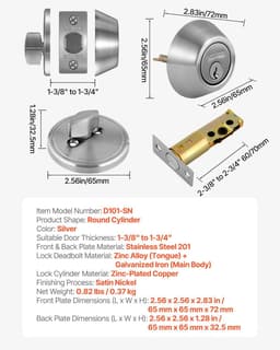 image-VEVOR Deadbolt Lock, Round Single Cylinder Dead Bolt, Keyed 1 Side, Fits Standard Size Interior and Exterior Doors, Full Metal, with 3 Keys, for Front Entry Door Residential Security, Satin Nickel