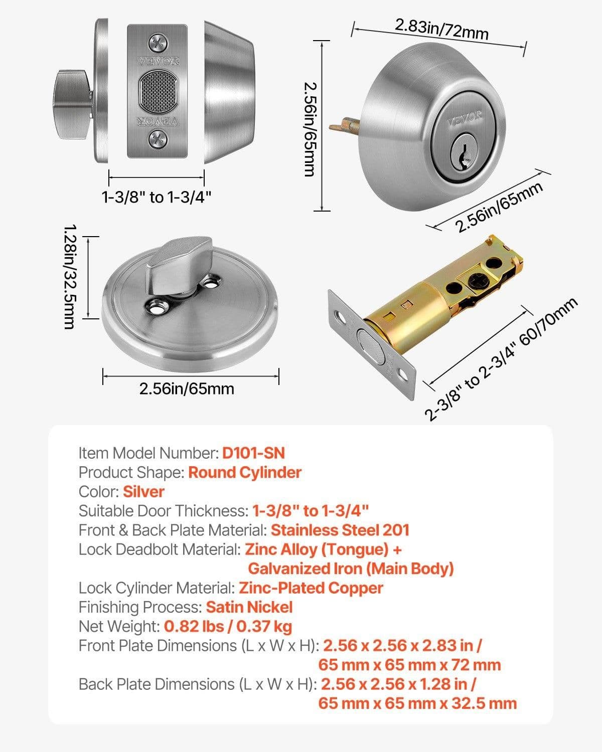 image-VEVOR Deadbolt Lock, Round Single Cylinder Dead Bolt, Keyed 1 Side, Fits Standard Size Interior and Exterior Doors, Full Metal, with 3 Keys, for Front Entry Door Residential Security, Satin Nickel