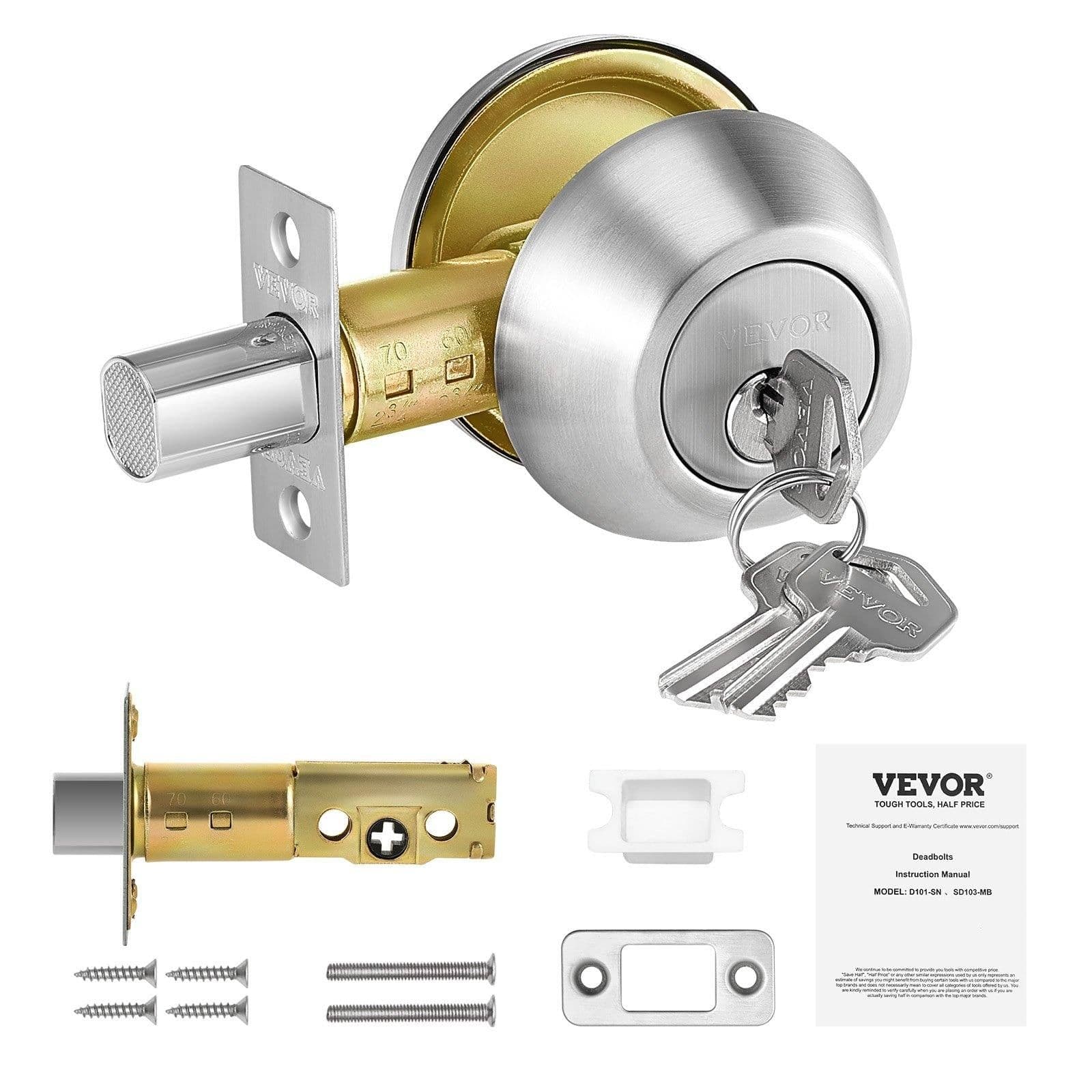 image-VEVOR Deadbolt Lock, Round Single Cylinder Dead Bolt, Keyed 1 Side, Fits Standard Size Interior and Exterior Doors, Full Metal, with 3 Keys, for Front Entry Door Residential Security, Satin Nickel