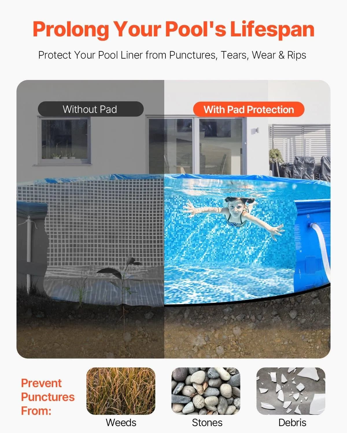 image-VEVOR 18ft Round Pool Liner Pad, Pool Liner Pad for Above Ground Swimming Pools, Pool-Mat Prevents Punctures, Recycled Geotextile Material Underlayment Pads, Extend Service Life