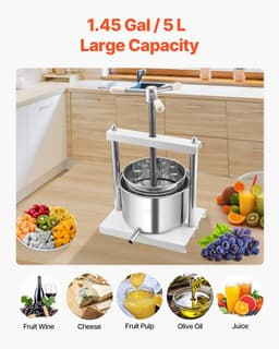 image-VEVOR 1.45 Gal/5L Fruit Wine Press, 2 Stainless Steel Barrels, Manual Juice Maker, Cider Apple Grape Tincture Honey Olive Oil Making Press with Triangular Handle for Outdoor Kitchen Home
