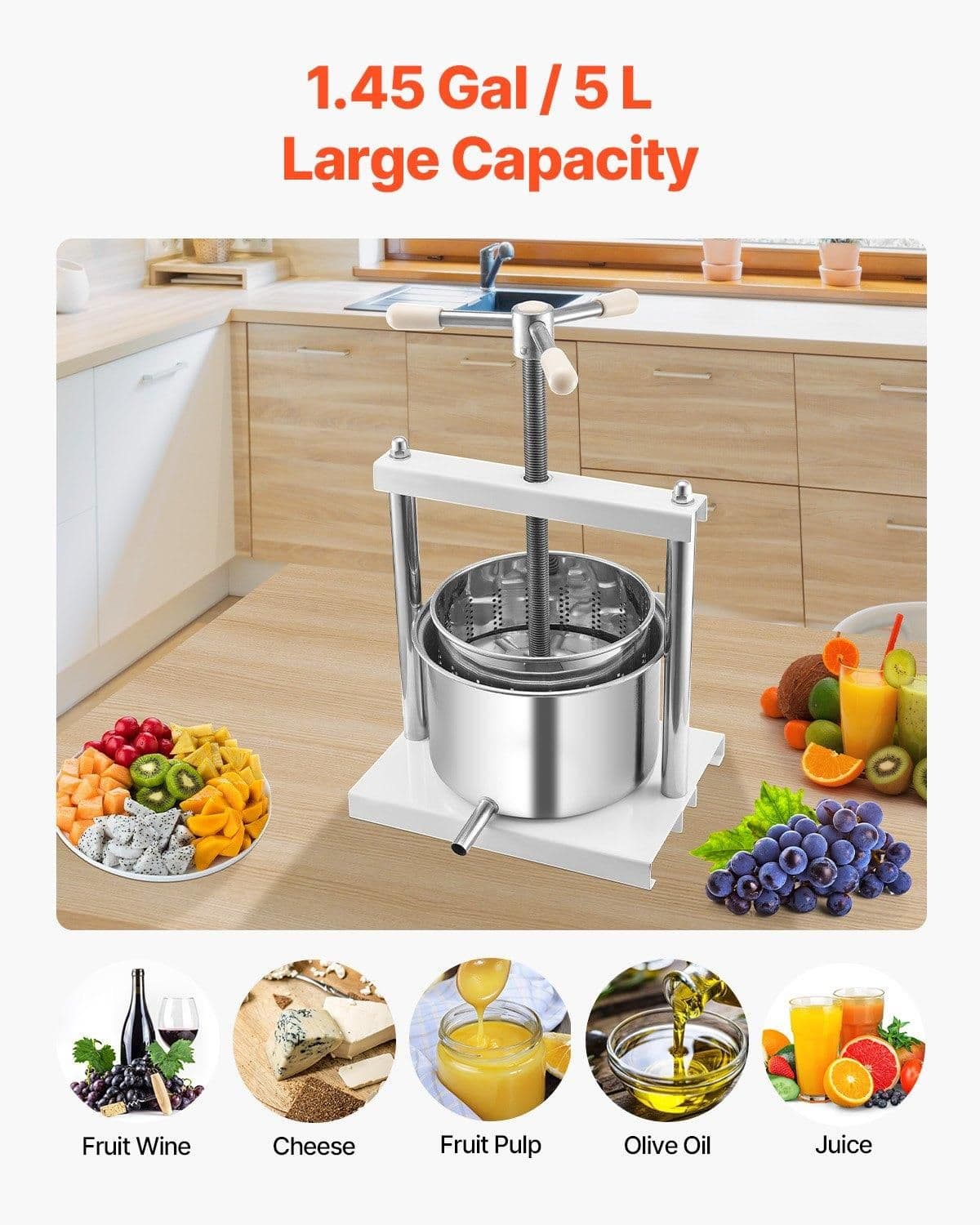 image-VEVOR 1.45 Gal/5L Fruit Wine Press, 2 Stainless Steel Barrels, Manual Juice Maker, Cider Apple Grape Tincture Honey Olive Oil Making Press with Triangular Handle for Outdoor Kitchen Home