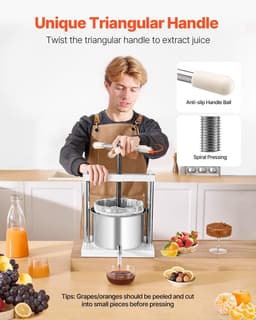 image-VEVOR 1.45 Gal/5L Fruit Wine Press, 2 Stainless Steel Barrels, Manual Juice Maker, Cider Apple Grape Tincture Honey Olive Oil Making Press with Triangular Handle for Outdoor Kitchen Home