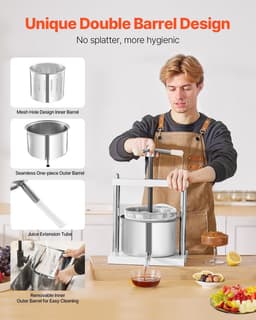 image-VEVOR 1.45 Gal/5L Fruit Wine Press, 2 Stainless Steel Barrels, Manual Juice Maker, Cider Apple Grape Tincture Honey Olive Oil Making Press with Triangular Handle for Outdoor Kitchen Home