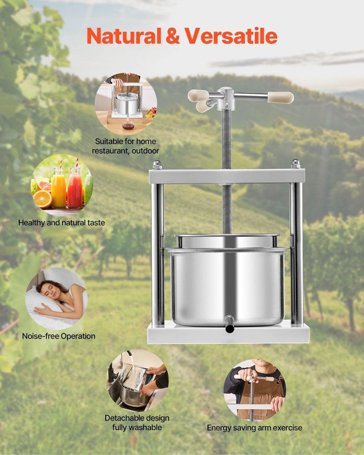 image-VEVOR 1.45 Gal/5L Fruit Wine Press, 2 Stainless Steel Barrels, Manual Juice Maker, Cider Apple Grape Tincture Honey Olive Oil Making Press with Triangular Handle for Outdoor Kitchen Home