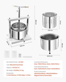 image-VEVOR 1.45 Gal/5L Fruit Wine Press, 2 Stainless Steel Barrels, Manual Juice Maker, Cider Apple Grape Tincture Honey Olive Oil Making Press with Triangular Handle for Outdoor Kitchen Home