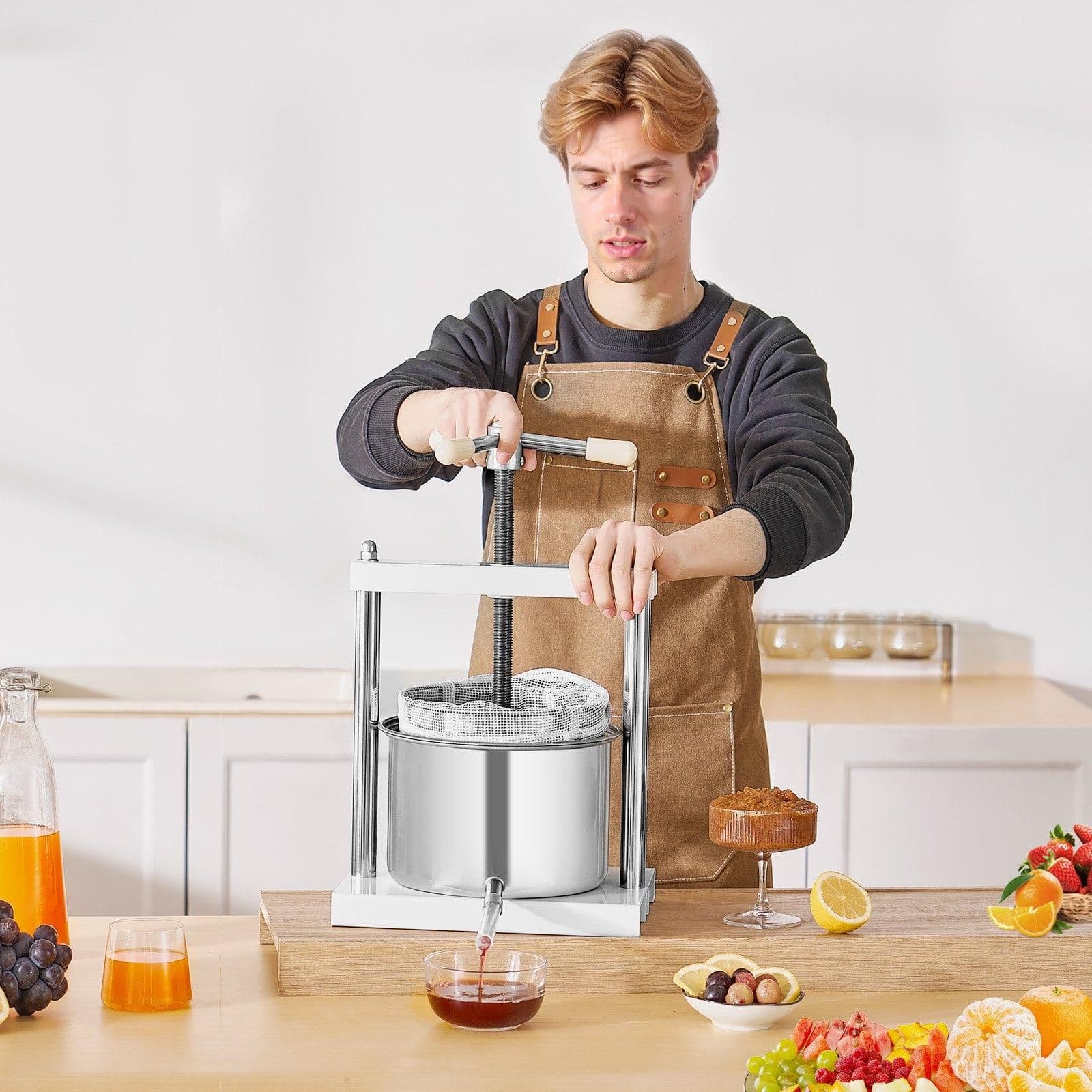 image-VEVOR 1.45 Gal/5L Fruit Wine Press, 2 Stainless Steel Barrels, Manual Juice Maker, Cider Apple Grape Tincture Honey Olive Oil Making Press with Triangular Handle for Outdoor Kitchen Home