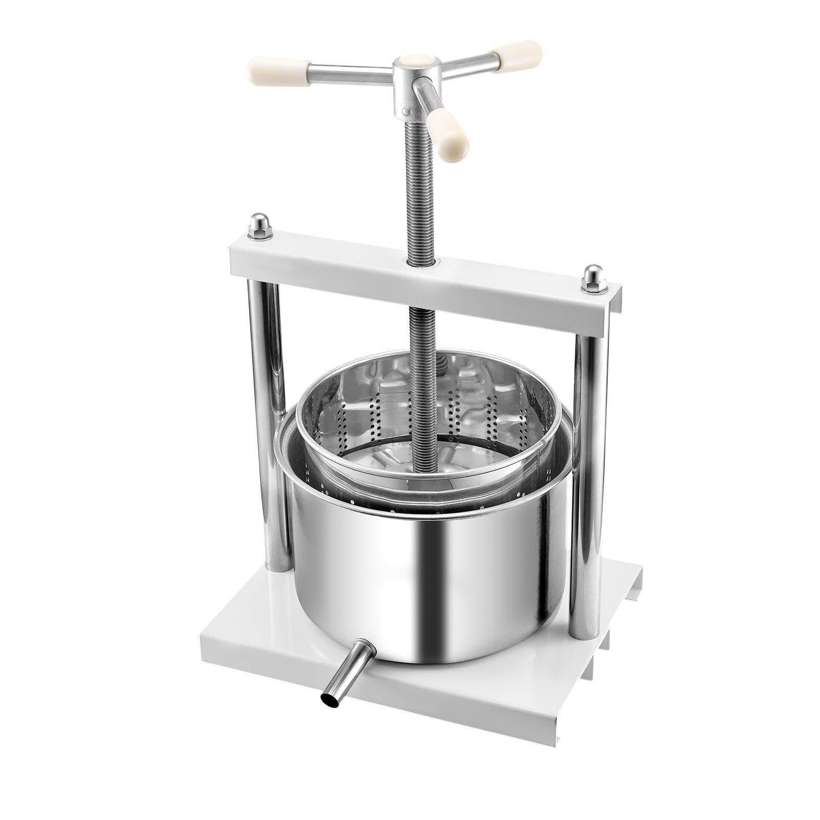image-VEVOR 1.45 Gal/5L Fruit Wine Press, 2 Stainless Steel Barrels, Manual Juice Maker, Cider Apple Grape Tincture Honey Olive Oil Making Press with Triangular Handle for Outdoor Kitchen Home