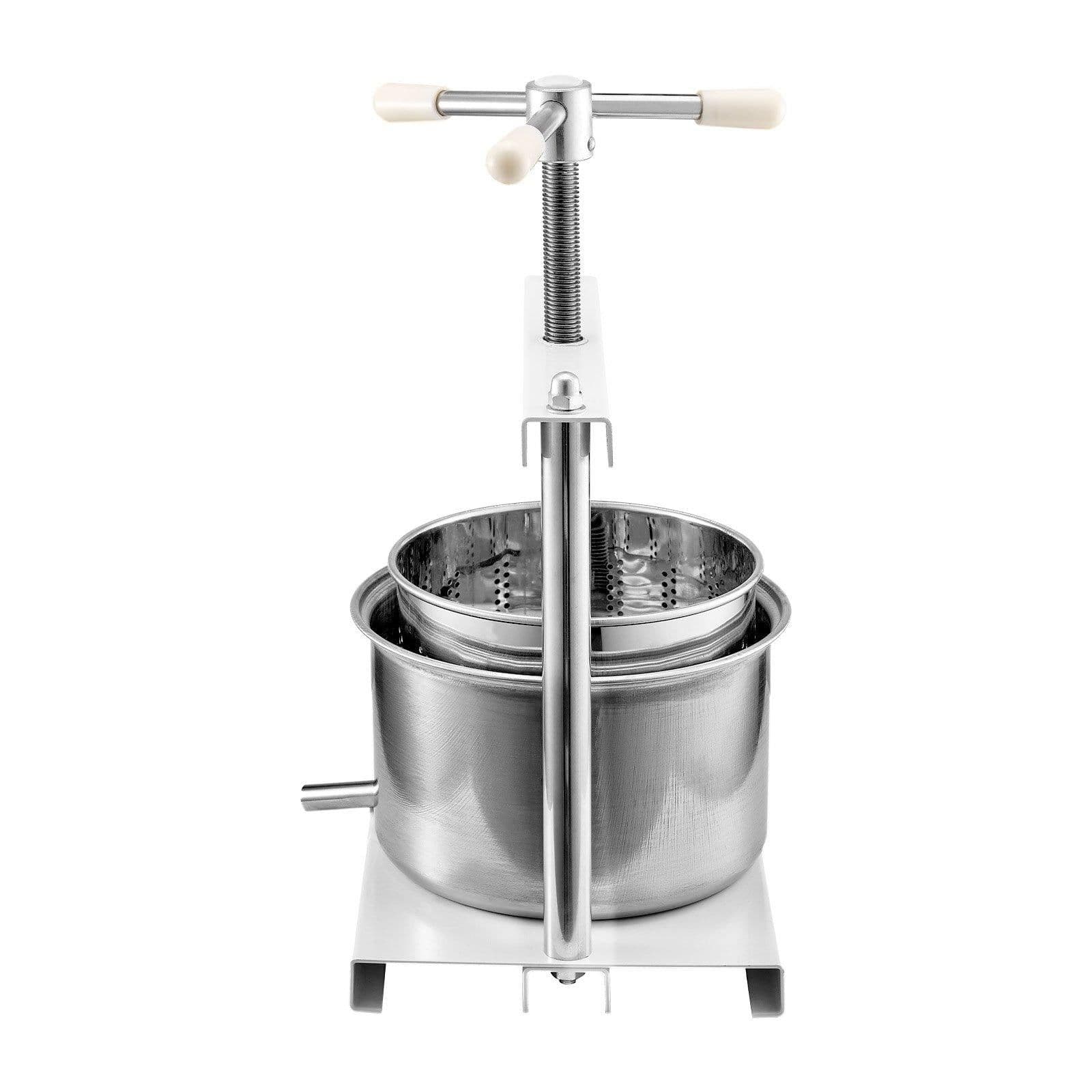 image-VEVOR 1.45 Gal/5L Fruit Wine Press, 2 Stainless Steel Barrels, Manual Juice Maker, Cider Apple Grape Tincture Honey Olive Oil Making Press with Triangular Handle for Outdoor Kitchen Home