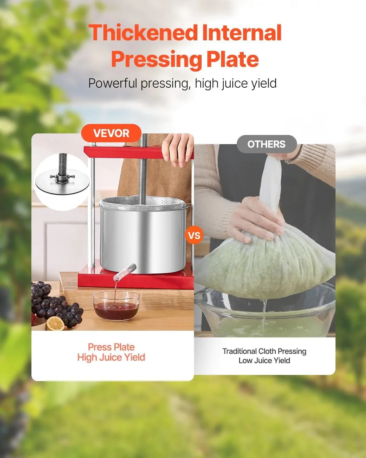 image-VEVOR 1.6 Gal/6L Fruit Wine Press, 2 Stainless Steel Barrels, Manual Juice Maker, Cider Apple Grape Tincture Honey Olive Oil Making Press with T-Handle for Outdoor Kitchen Home
