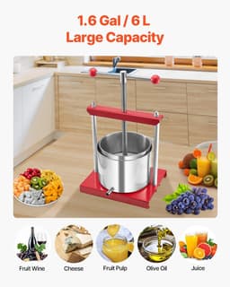 image-VEVOR 1.6 Gal/6L Fruit Wine Press, 2 Stainless Steel Barrels, Manual Juice Maker, Cider Apple Grape Tincture Honey Olive Oil Making Press with T-Handle for Outdoor Kitchen Home