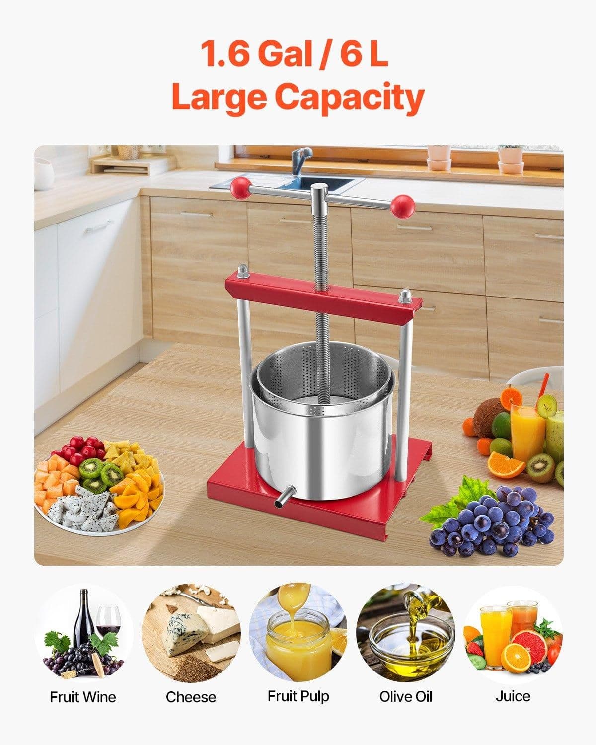 image-VEVOR 1.6 Gal/6L Fruit Wine Press, 2 Stainless Steel Barrels, Manual Juice Maker, Cider Apple Grape Tincture Honey Olive Oil Making Press with T-Handle for Outdoor Kitchen Home