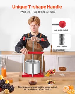 image-VEVOR 1.6 Gal/6L Fruit Wine Press, 2 Stainless Steel Barrels, Manual Juice Maker, Cider Apple Grape Tincture Honey Olive Oil Making Press with T-Handle for Outdoor Kitchen Home