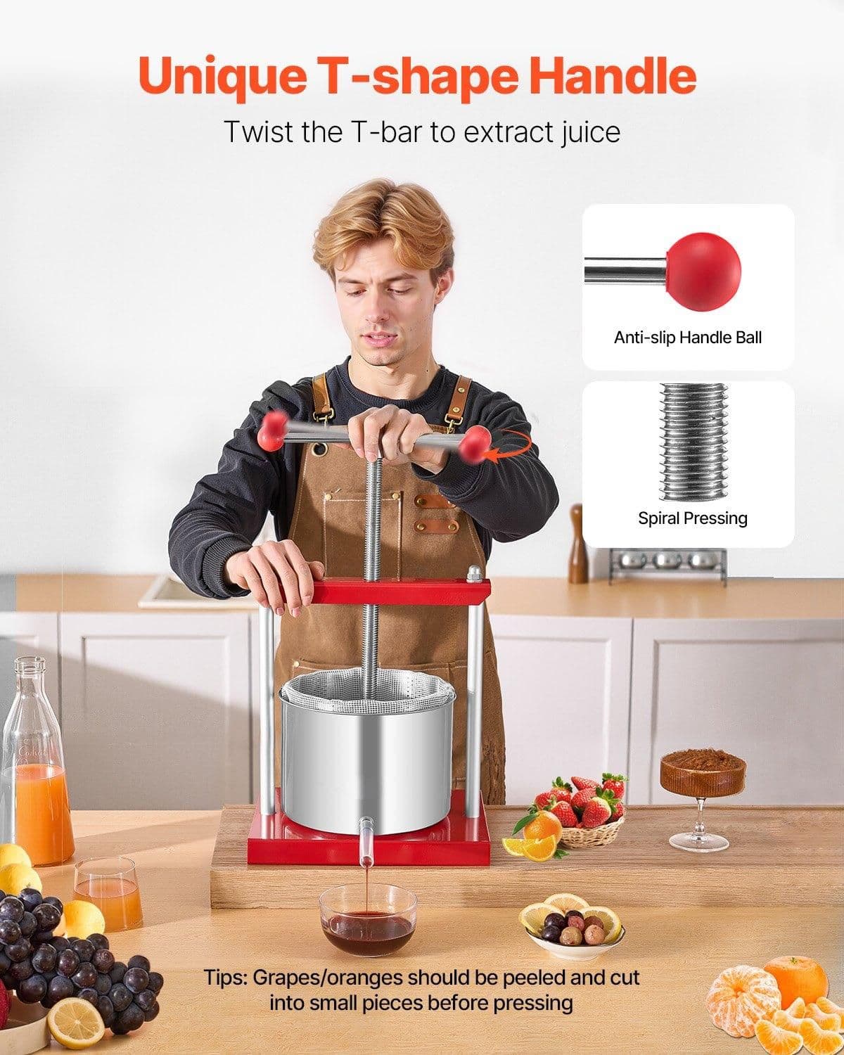 image-VEVOR 1.6 Gal/6L Fruit Wine Press, 2 Stainless Steel Barrels, Manual Juice Maker, Cider Apple Grape Tincture Honey Olive Oil Making Press with T-Handle for Outdoor Kitchen Home