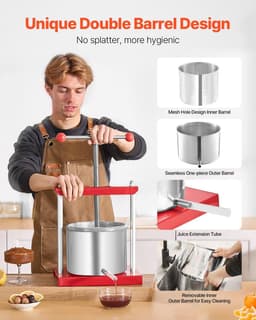 image-VEVOR 1.6 Gal/6L Fruit Wine Press, 2 Stainless Steel Barrels, Manual Juice Maker, Cider Apple Grape Tincture Honey Olive Oil Making Press with T-Handle for Outdoor Kitchen Home