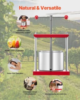 image-VEVOR 1.6 Gal/6L Fruit Wine Press, 2 Stainless Steel Barrels, Manual Juice Maker, Cider Apple Grape Tincture Honey Olive Oil Making Press with T-Handle for Outdoor Kitchen Home