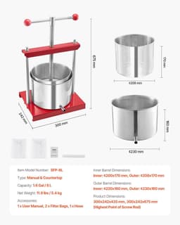 image-VEVOR 1.6 Gal/6L Fruit Wine Press, 2 Stainless Steel Barrels, Manual Juice Maker, Cider Apple Grape Tincture Honey Olive Oil Making Press with T-Handle for Outdoor Kitchen Home