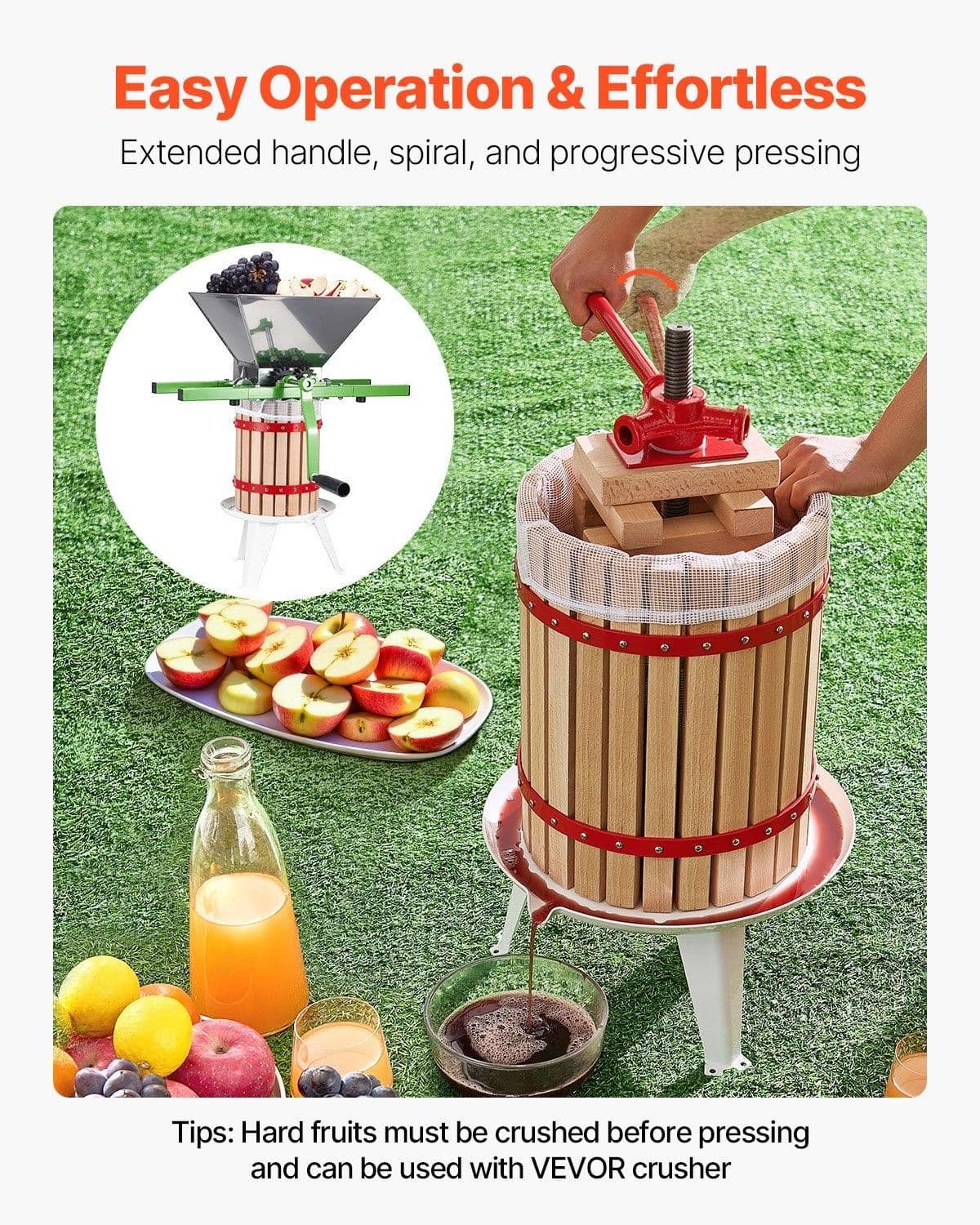 image-VEVOR 4.75 Gal/18L Fruit Wine Press, Solid Wood Basket with 8 Blocks, Heavy Duty Manual Juice Maker, Cider Apple Grape Tincture Honey Olive Oil Making Press with Handle for Kitchen, Home
