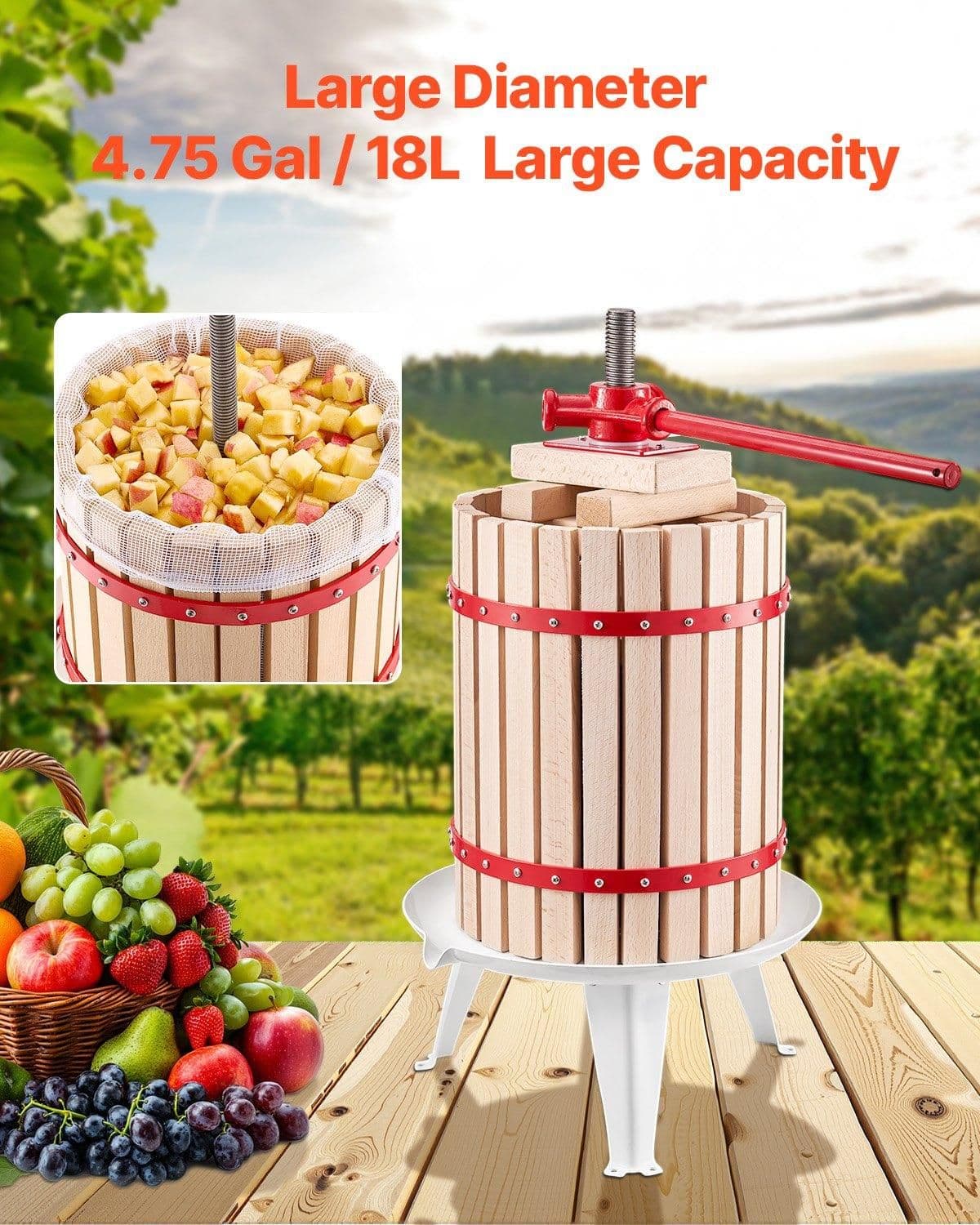 image-VEVOR 4.75 Gal/18L Fruit Wine Press, Solid Wood Basket with 8 Blocks, Heavy Duty Manual Juice Maker, Cider Apple Grape Tincture Honey Olive Oil Making Press with Handle for Kitchen, Home