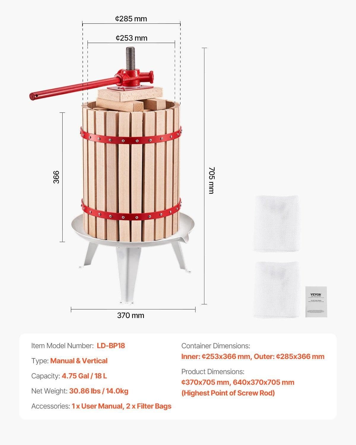 image-VEVOR 4.75 Gal/18L Fruit Wine Press, Solid Wood Basket with 8 Blocks, Heavy Duty Manual Juice Maker, Cider Apple Grape Tincture Honey Olive Oil Making Press with Handle for Kitchen, Home