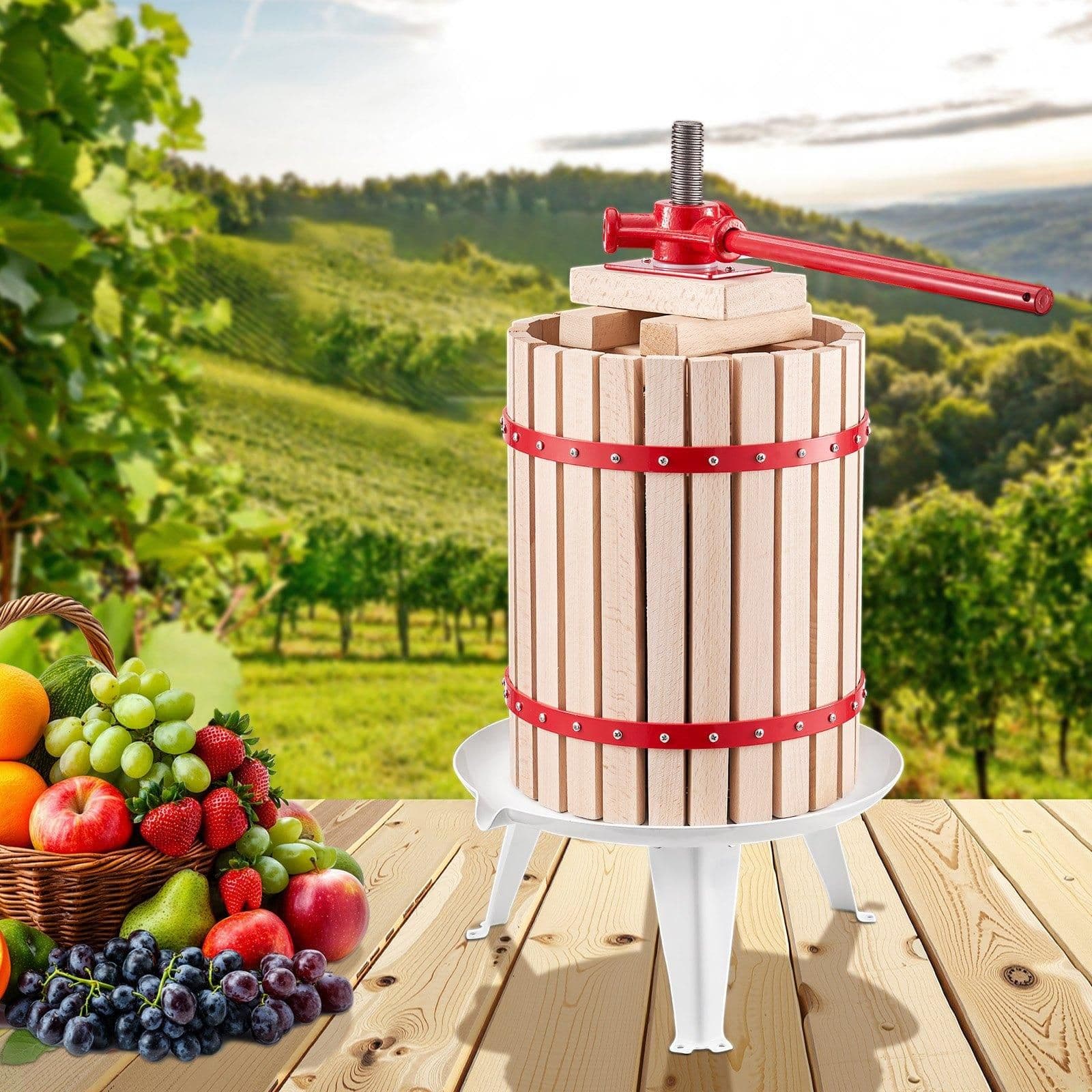 image-VEVOR 4.75 Gal/18L Fruit Wine Press, Solid Wood Basket with 8 Blocks, Heavy Duty Manual Juice Maker, Cider Apple Grape Tincture Honey Olive Oil Making Press with Handle for Kitchen, Home