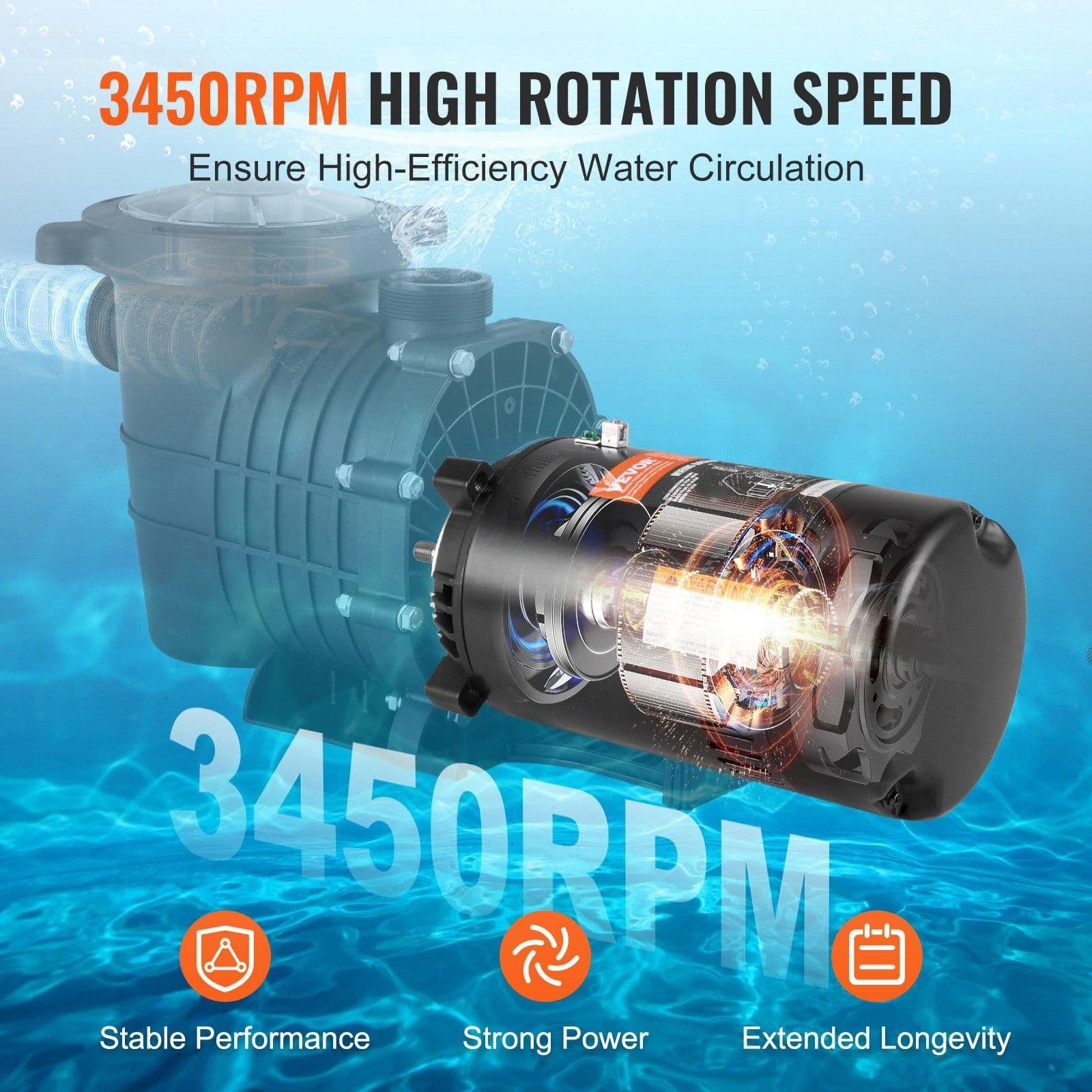 image-VEVOR 1 HP Pool Pump Motor, 56J Frame, 115V(9.8 Amps)/230V(4.9 Amps) 3450 RPM, 60Hz, 1.4 Service Factor, 90μF/250V Capacitor, CCW Rotation Round Flange Replacement Motor