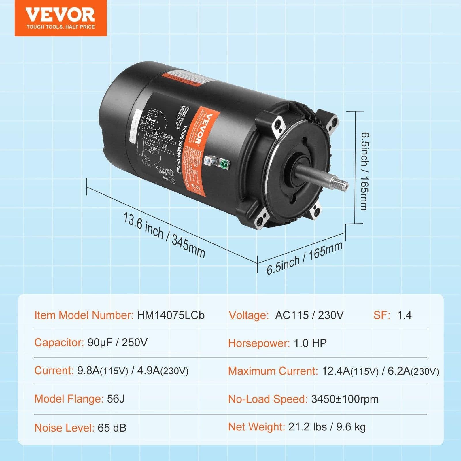 image-VEVOR 1 HP Pool Pump Motor, 56J Frame, 115V(9.8 Amps)/230V(4.9 Amps) 3450 RPM, 60Hz, 1.4 Service Factor, 90μF/250V Capacitor, CCW Rotation Round Flange Replacement Motor
