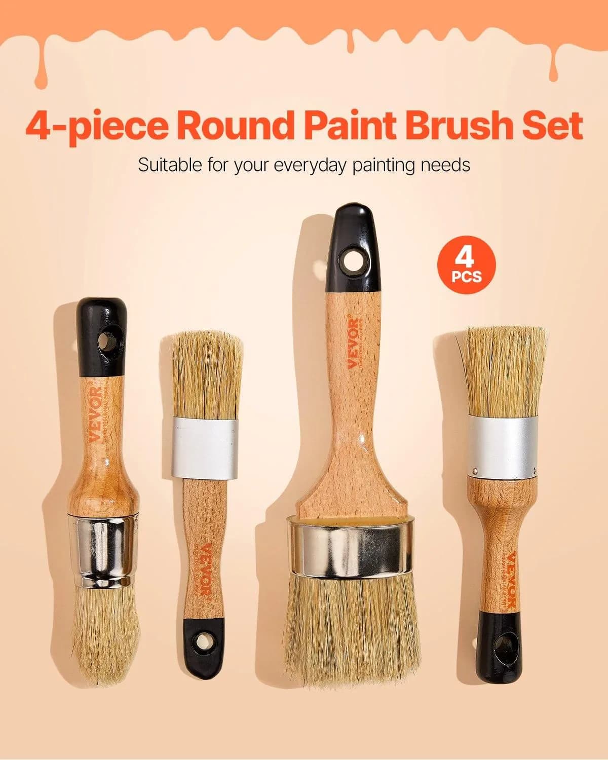 image-VEVOR Chalk Wax Paint Brush, 4 Piece Wax Paint Brush, Chalk Paint Brushes for Furniture, Acrylic Paint,Milk Paint,Home Decor, Natural Bristle Round Oval Chalk Paint Brush for All Painting and Waxing