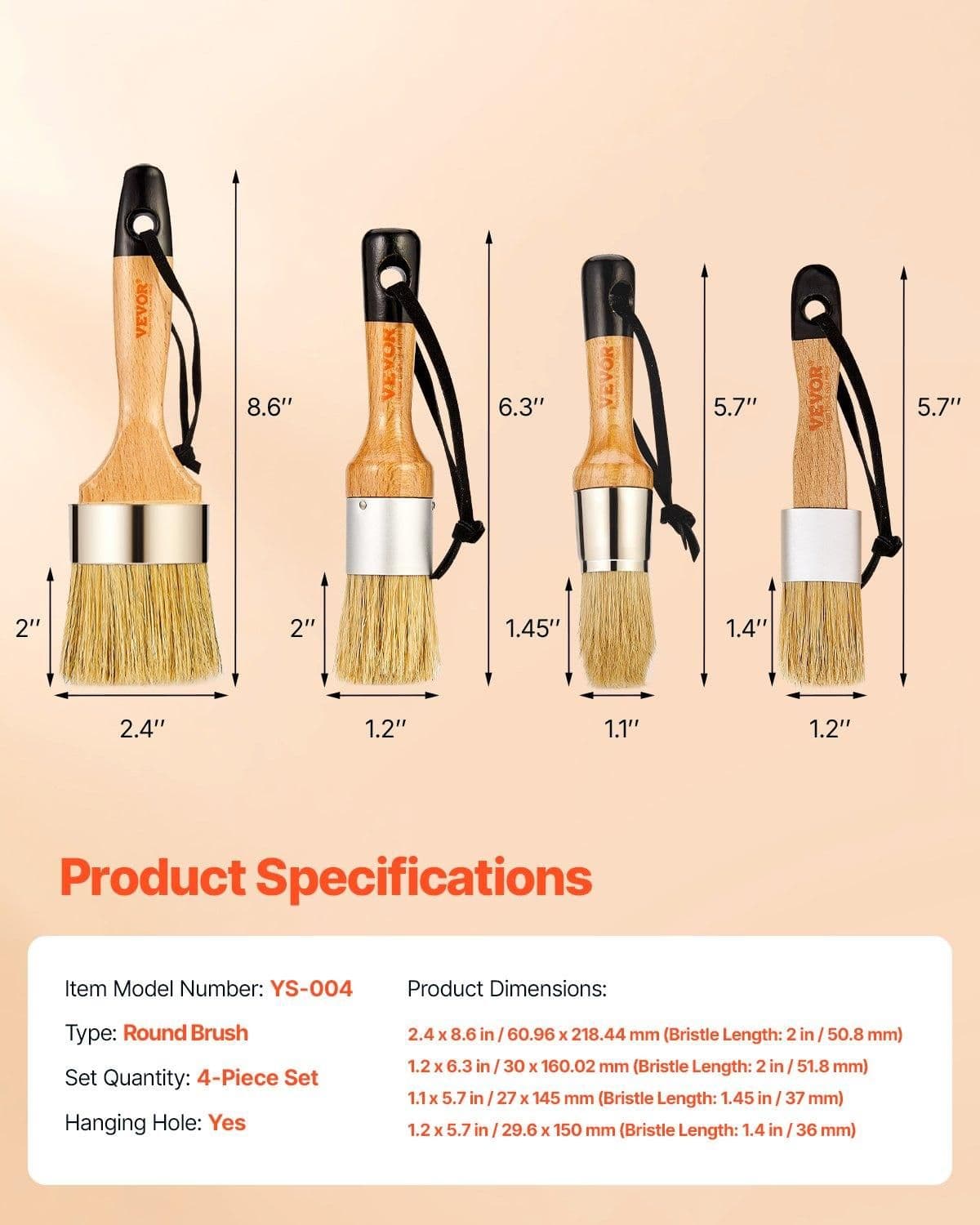 image-VEVOR Chalk Wax Paint Brush, 4 Piece Wax Paint Brush, Chalk Paint Brushes for Furniture, Acrylic Paint,Milk Paint,Home Decor, Natural Bristle Round Oval Chalk Paint Brush for All Painting and Waxing