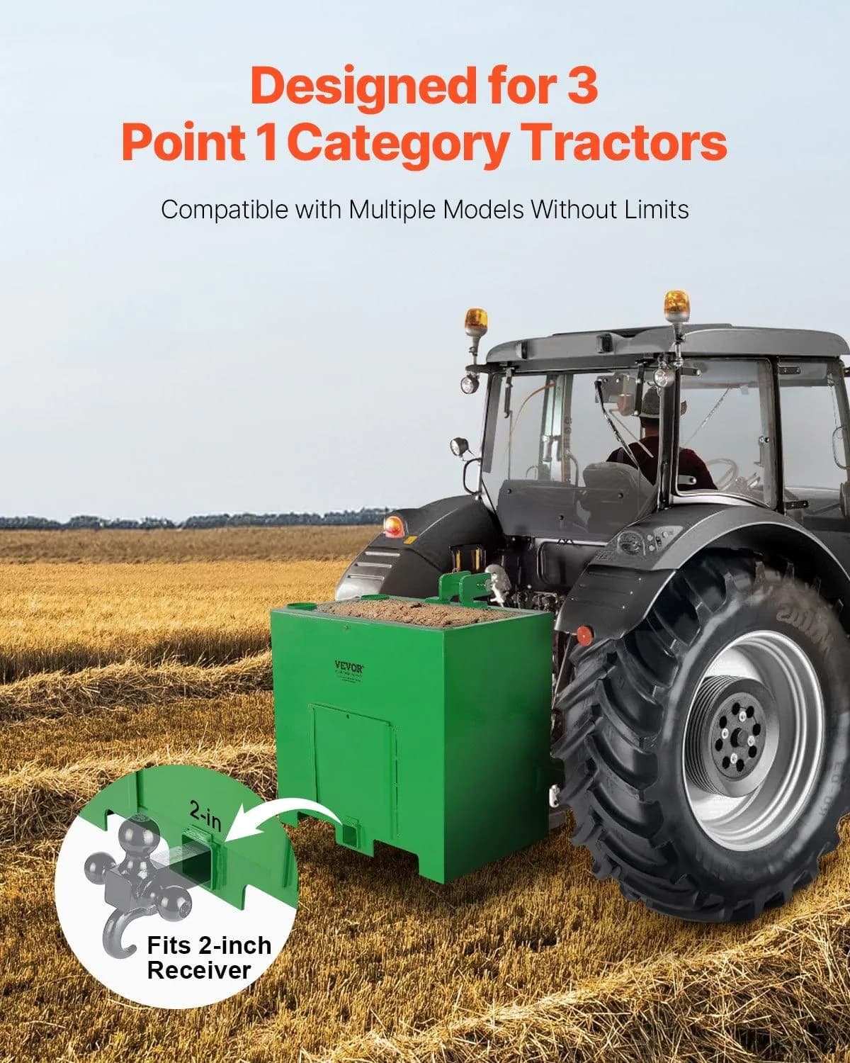 image-VEVOR Ballast Box, Corrosion-Proof 3-Point Category 1 Tractor Ballast of 800lbs Load Capacity for 2" Hitch Receiver, Heavy-Duty Thickened Steel 5ft³ Volume, Loader Attachment with Sliding Door, Green