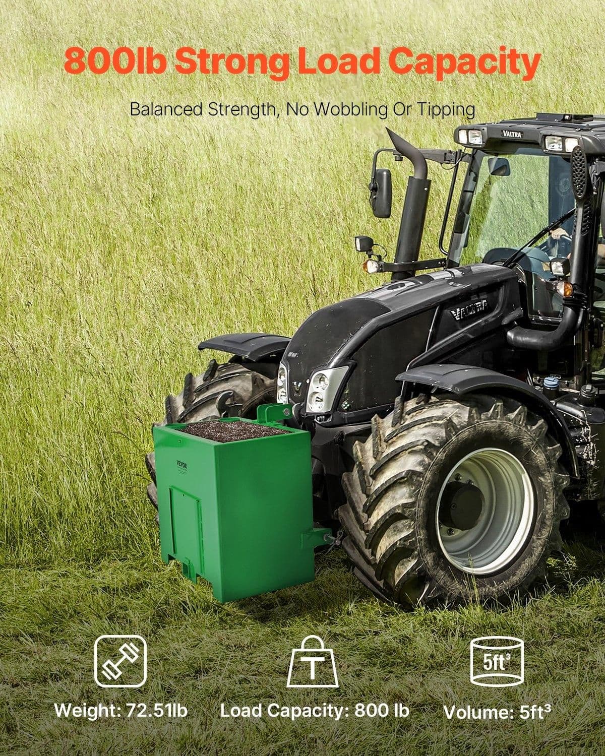 image-VEVOR Ballast Box, Corrosion-Proof 3-Point Category 1 Tractor Ballast of 800lbs Load Capacity for 2" Hitch Receiver, Heavy-Duty Thickened Steel 5ft³ Volume, Loader Attachment with Sliding Door, Green