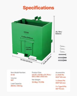 image-VEVOR Ballast Box, Corrosion-Proof 3-Point Category 1 Tractor Ballast of 800lbs Load Capacity for 2" Hitch Receiver, Heavy-Duty Thickened Steel 5ft³ Volume, Loader Attachment with Sliding Door, Green