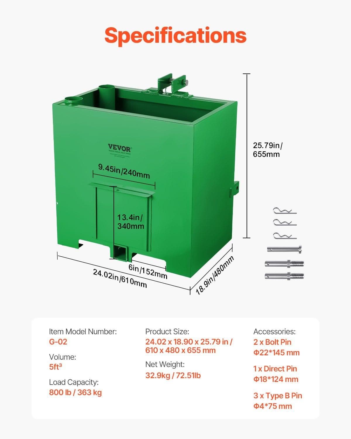 image-VEVOR Ballast Box, Corrosion-Proof 3-Point Category 1 Tractor Ballast of 800lbs Load Capacity for 2" Hitch Receiver, Heavy-Duty Thickened Steel 5ft³ Volume, Loader Attachment with Sliding Door, Green